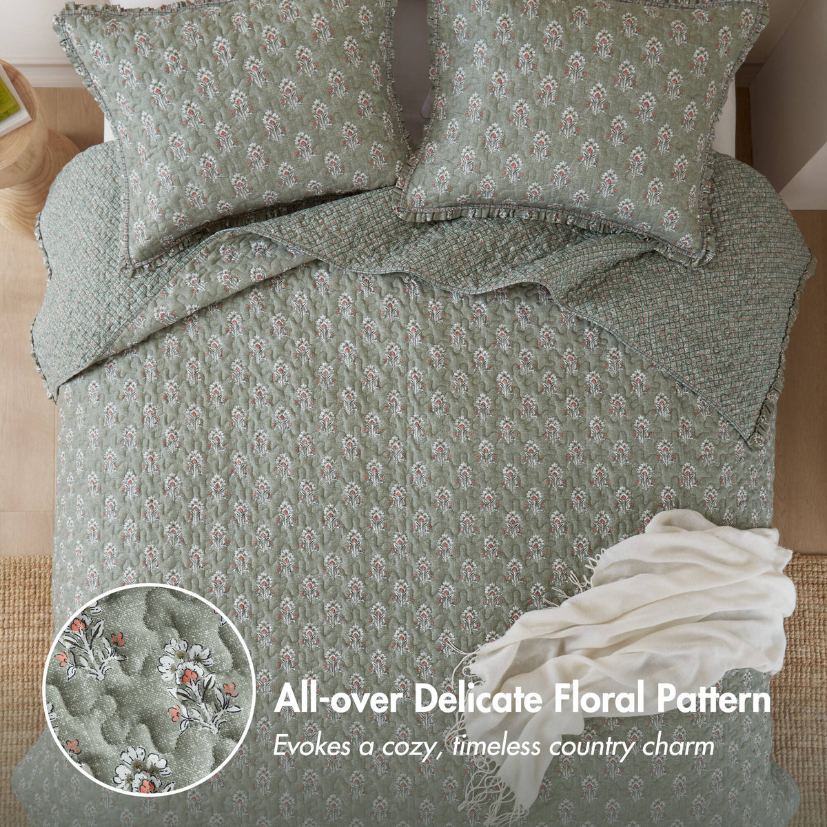 Linwood Ruffle Printed Quilt Set - Sage Green