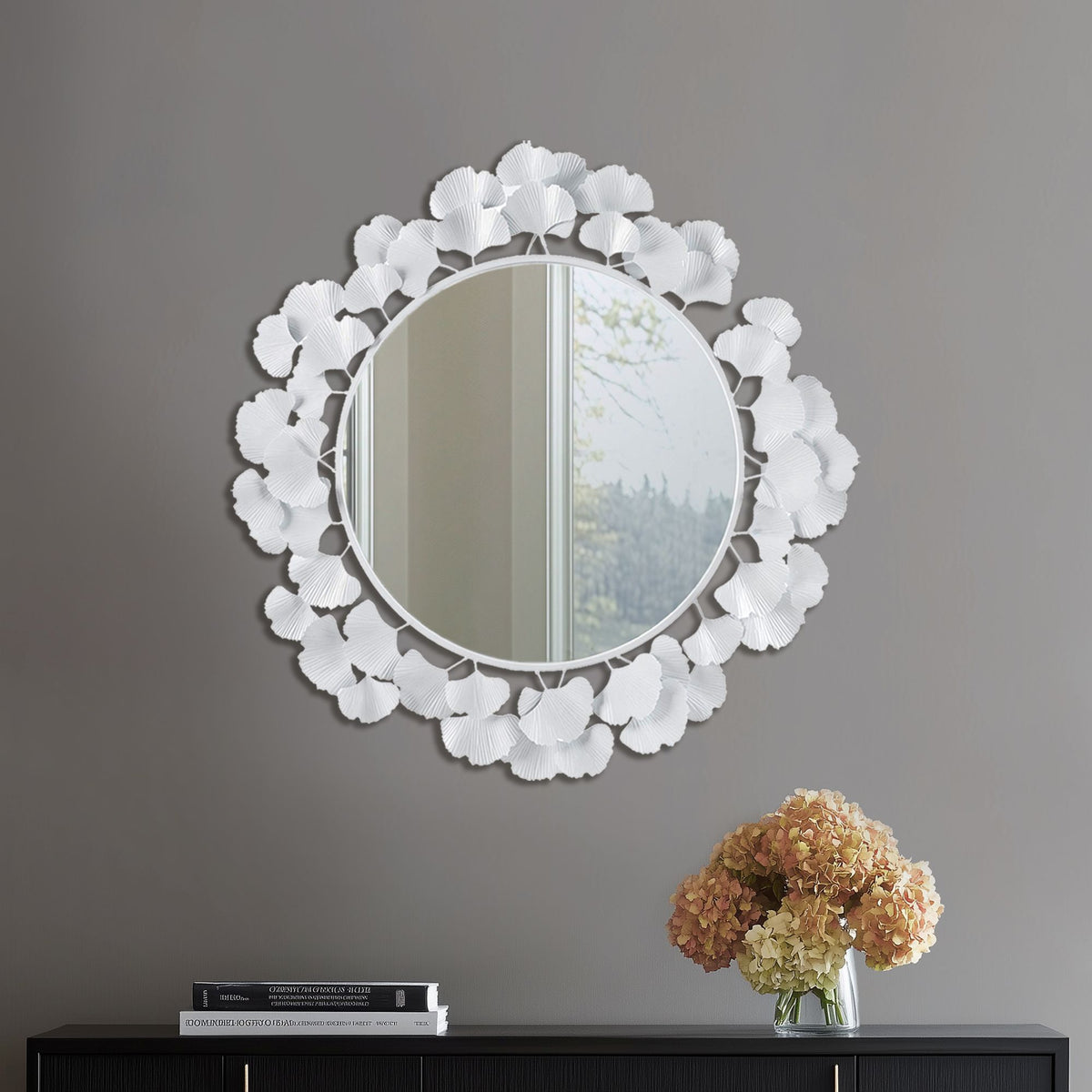 Eden Gingko Leaf Round Wall Mirror 30.5” - White