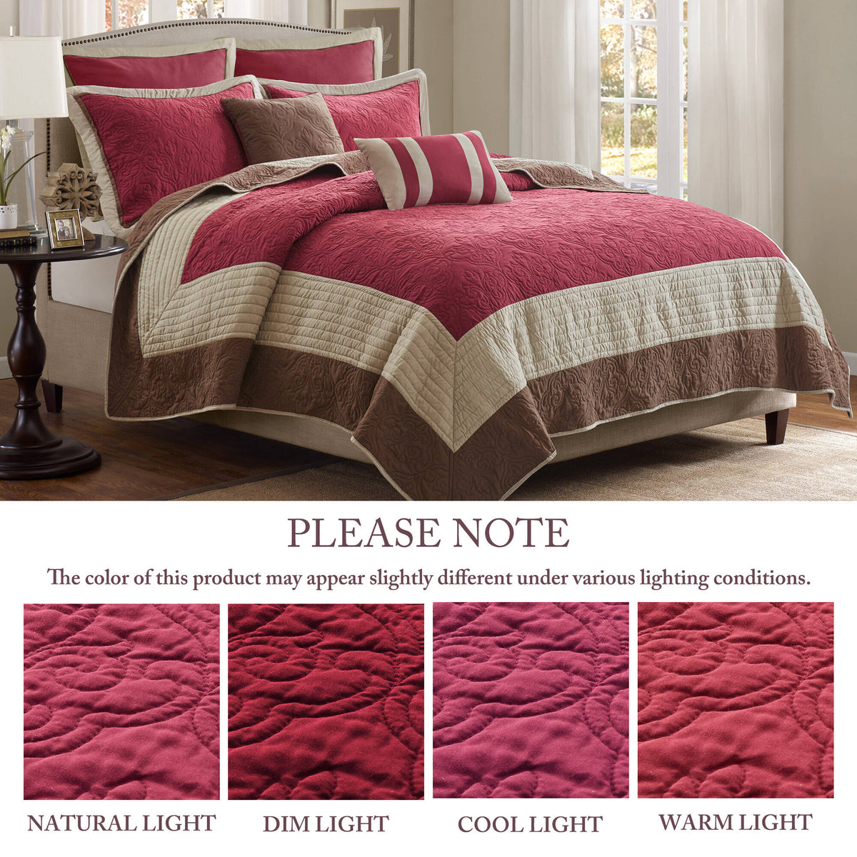 Attingham 7 Piece Quilt Set with Euro Shams and Throw Pillows - Red