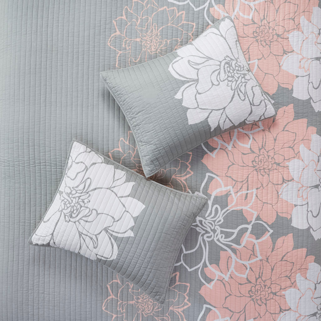 Lola 6 Piece Printed Cotton Quilt Set with Throw Pillows - Grey/Peach