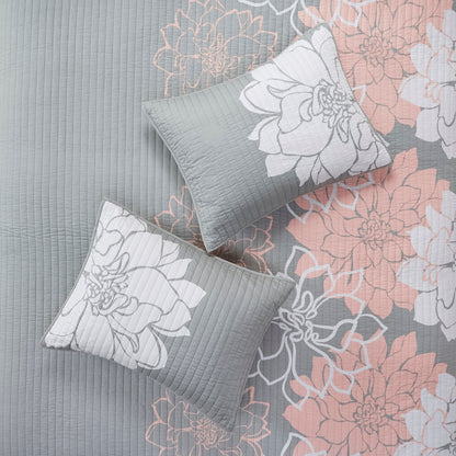 Lola 6 Piece Printed Cotton Quilt Set with Throw Pillows - Grey/Peach