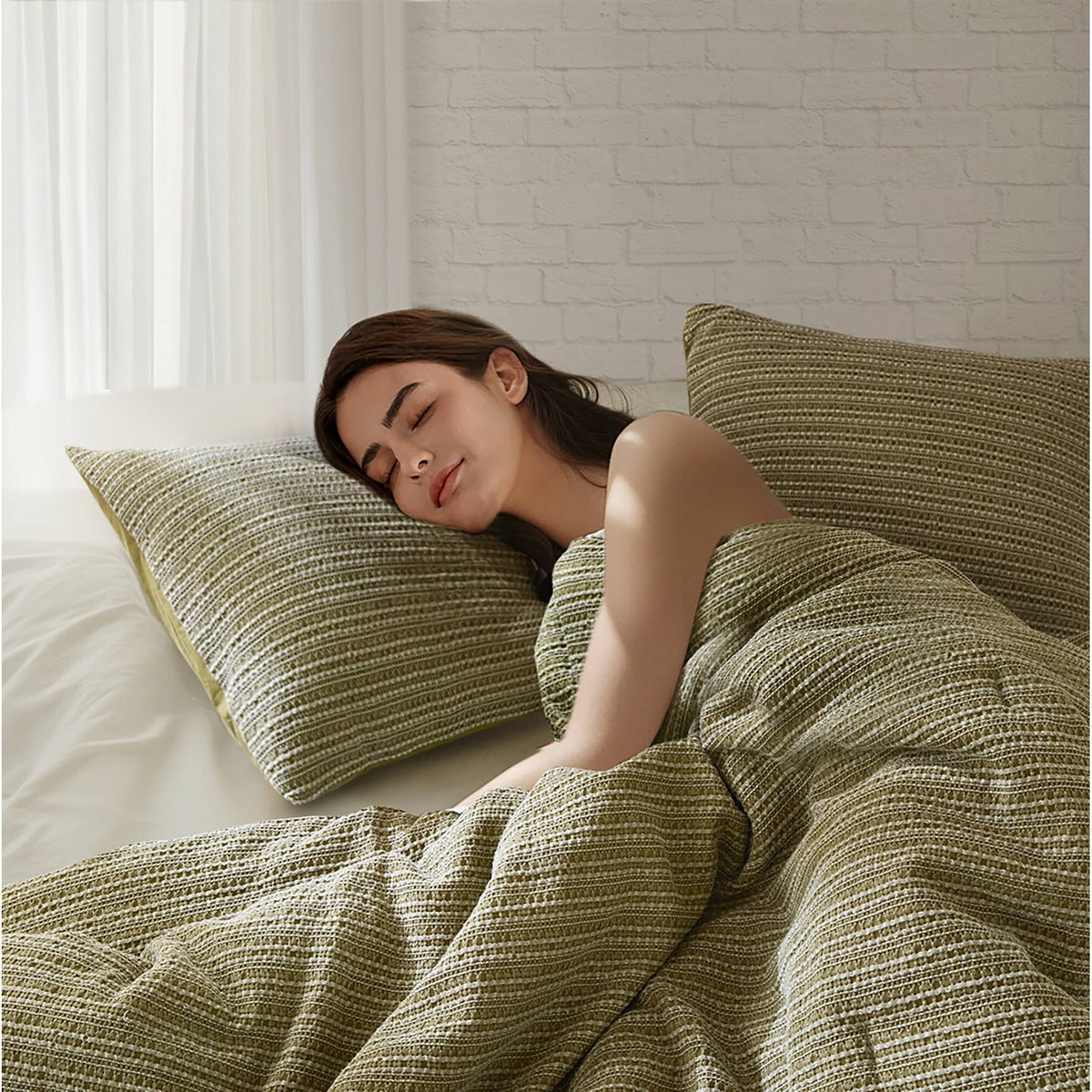 Lyon Waffle Washed Comforter Set - Green
