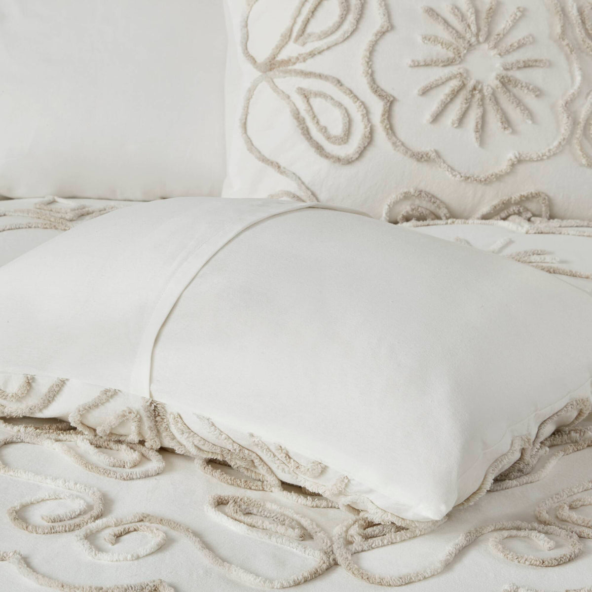 Violette 3 Piece Tufted Cotton Chenille Duvet Cover Set - Ivory/Taupe