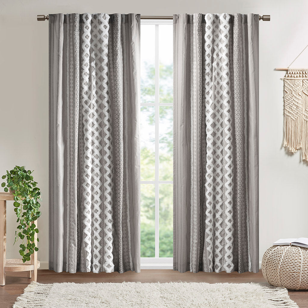 Imani Cotton Printed Curtain Panel with Chenille Stripe and Lining - Gray