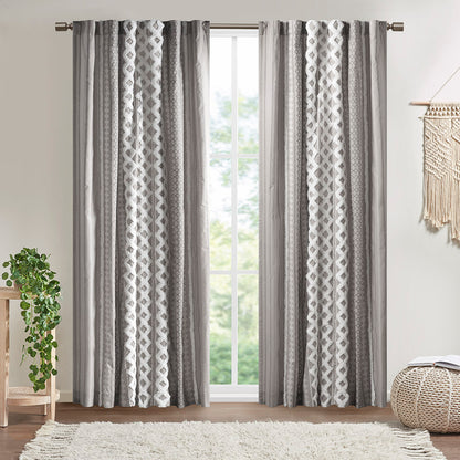 Imani Cotton Printed Curtain Panel with Chenille Stripe and Lining - Gray