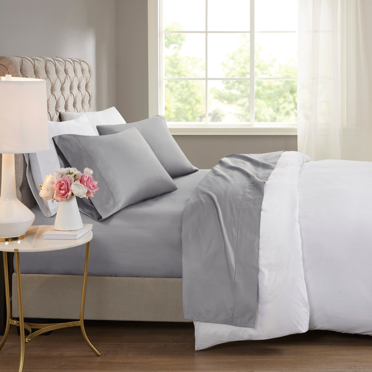 600 Thread Count Cooling Cotton Blend 4 PC Sheet Set - Grey