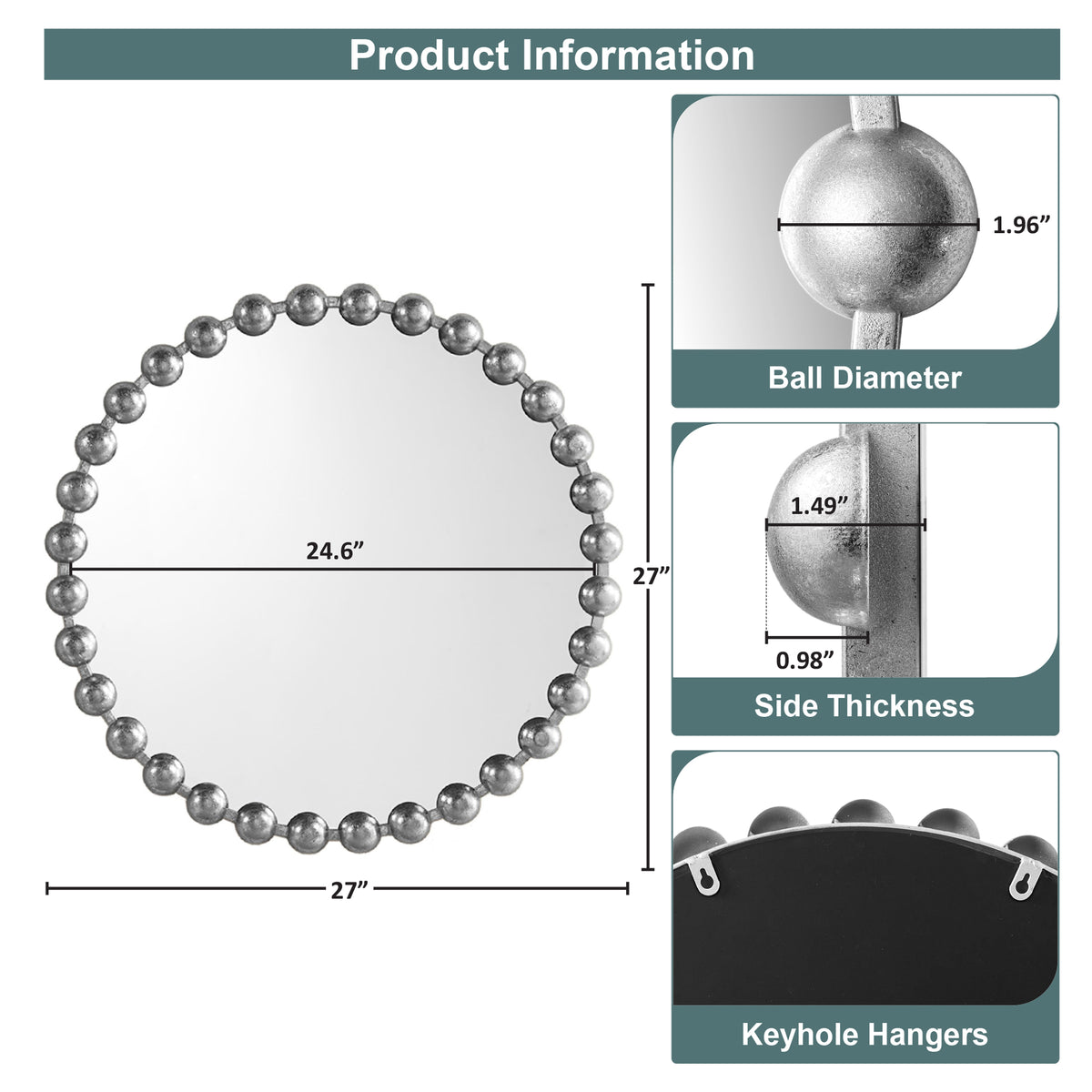 Marlowe Beaded Round Wall Mirror - Silver
