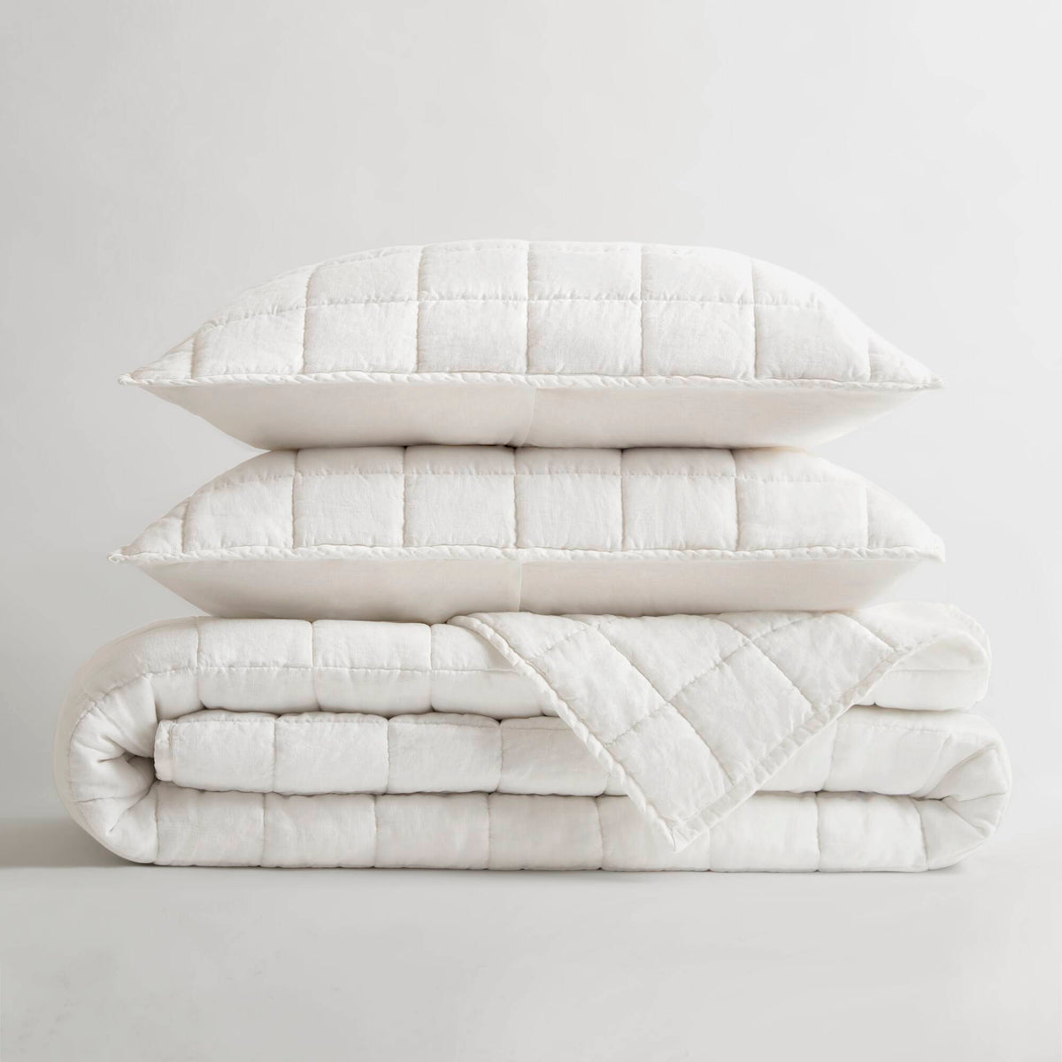 French Flax Linen Garment Washed Quilt Set - White
