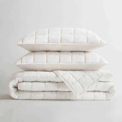 French Flax Linen Garment Washed Quilt Set - White