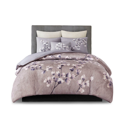 Sakura Blossom 3 Piece Cotton Sateen Printed Duvet Cover Set - Lilac
