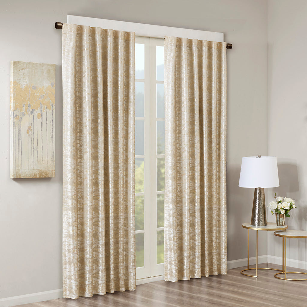 Cassius Jacquard Lined Total Blackout Rod Pocket/Back Tab Curtain Panel - Gold