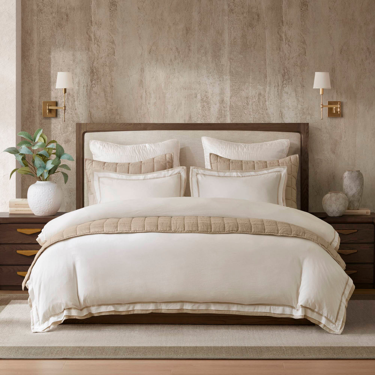 Linen Blend Double Flange Duvet Cover Set - White/Gold