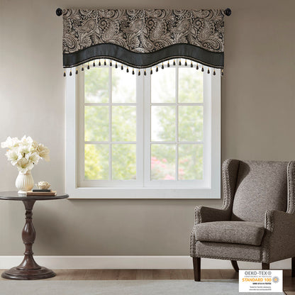 Aubrey Jacquard Window Rod Pocket Valance With Beads - Black