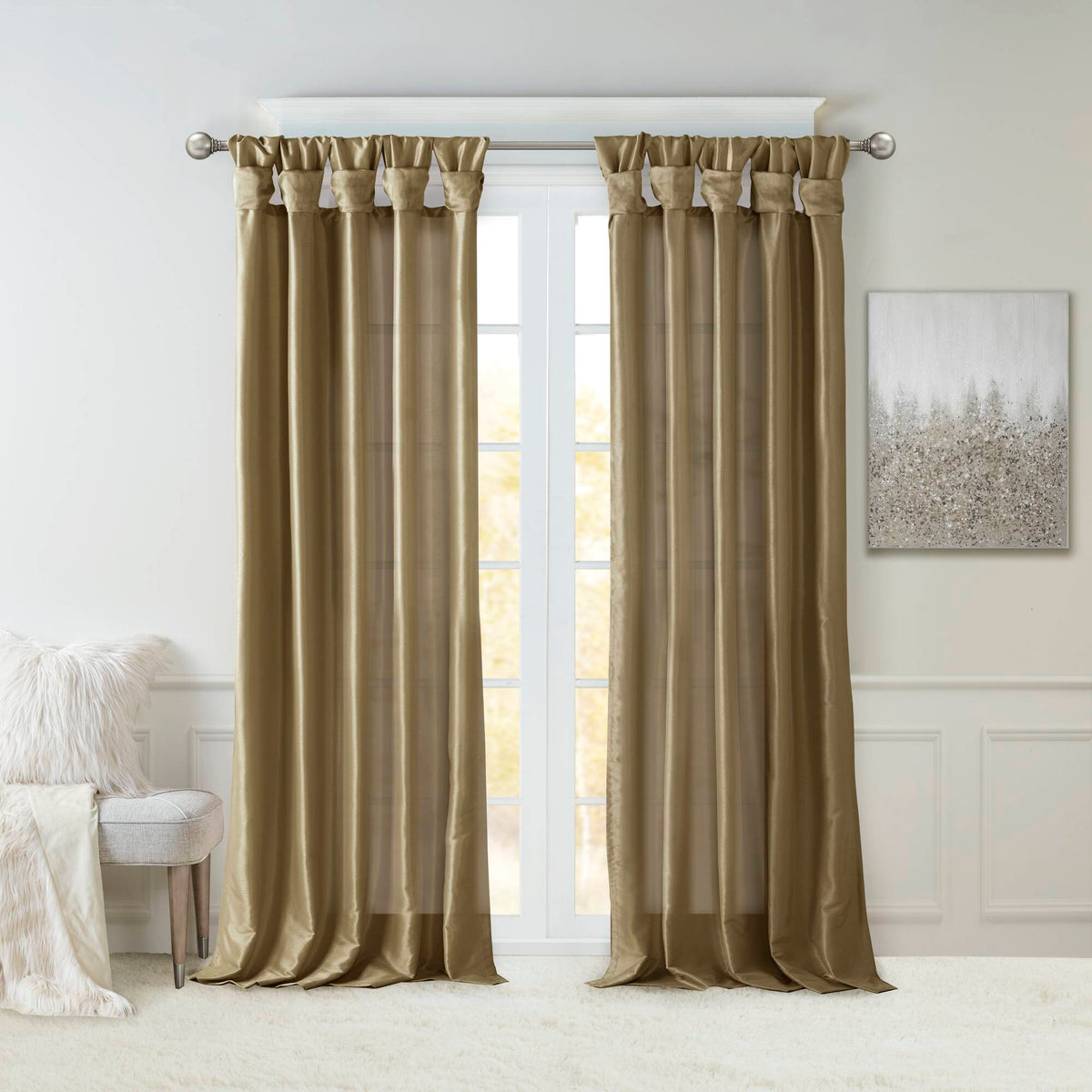 Emilia 100% Polyester Solid Faux Silk Lined Twist Tab Window Curtain - Bronze