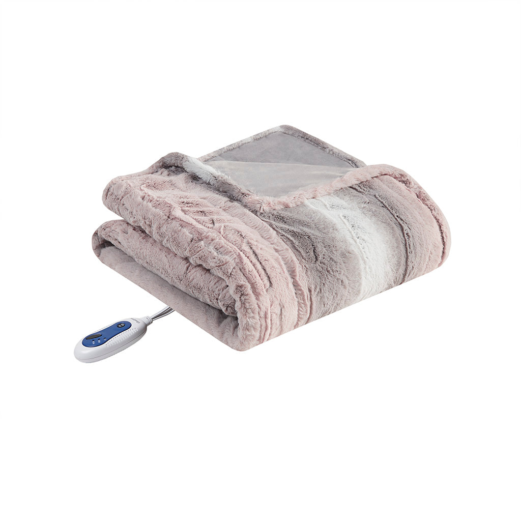 Zuri Oversized Faux Fur Heated Throw - Blush/Grey