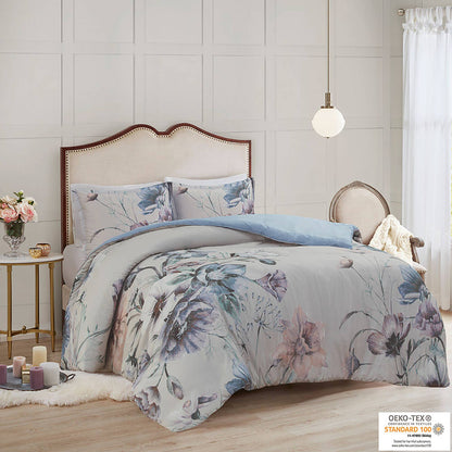 Cassandra 3 Piece Cotton Printed Duvet Cover Set - Blue