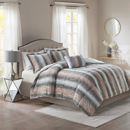 Zuri Faux Fur Comforter Set - Blush/Grey