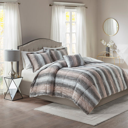 Zuri Faux Fur Comforter Set - Blush/Grey