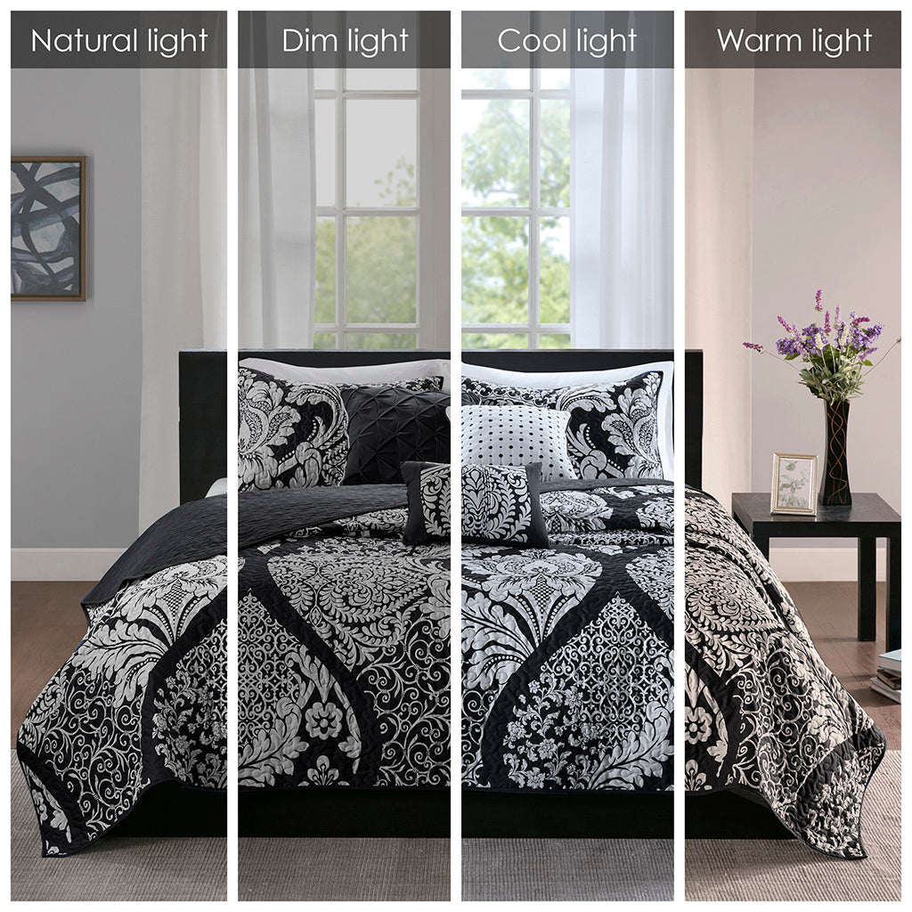 Vienna 6 Piece Printed Cotton Quilt Set with Throw Pillows - Black