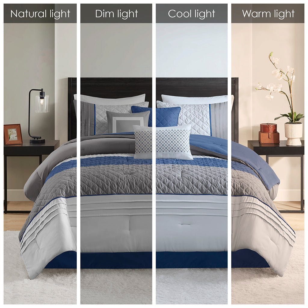 Jenson 7 Piece Color Block Stripe Comforter Set with Throw Pillows - Blue