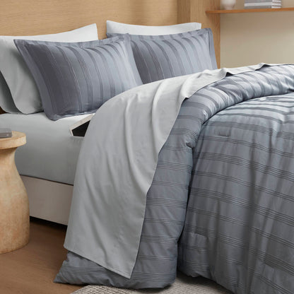 Logan Striped Reversible Pintuck Pleated Comforter Set - Blue/Grey