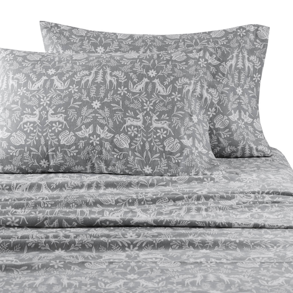 Oversized Cotton Flannel 4 Piece Sheet Set - Sage Winter Fauna