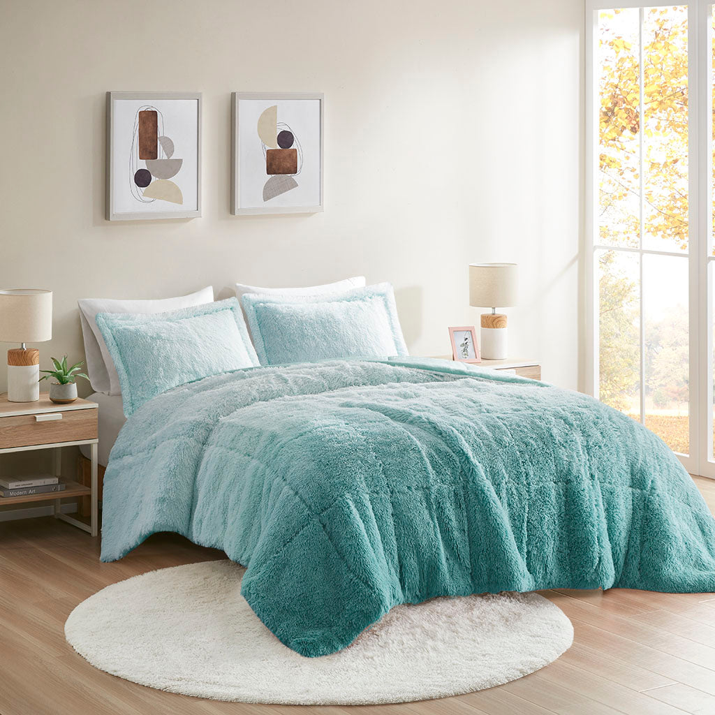 Brielle Ombre Shaggy Long Fur Comforter Mini Set - Aqua
