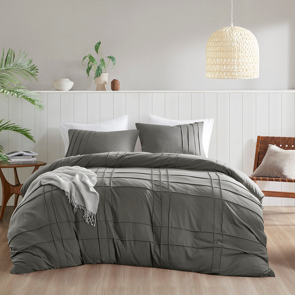 Walker Soft Washed Pleated Duvet Cover Set - Grey