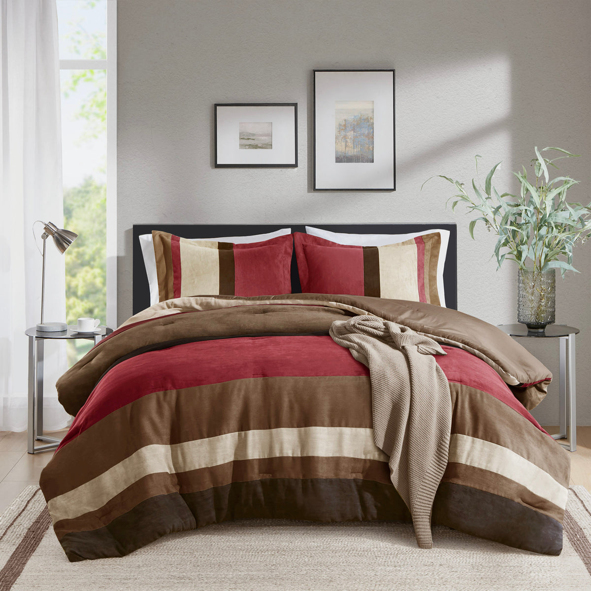 Highland Stripe Pieced Faux Suede Comforter Set - Brick