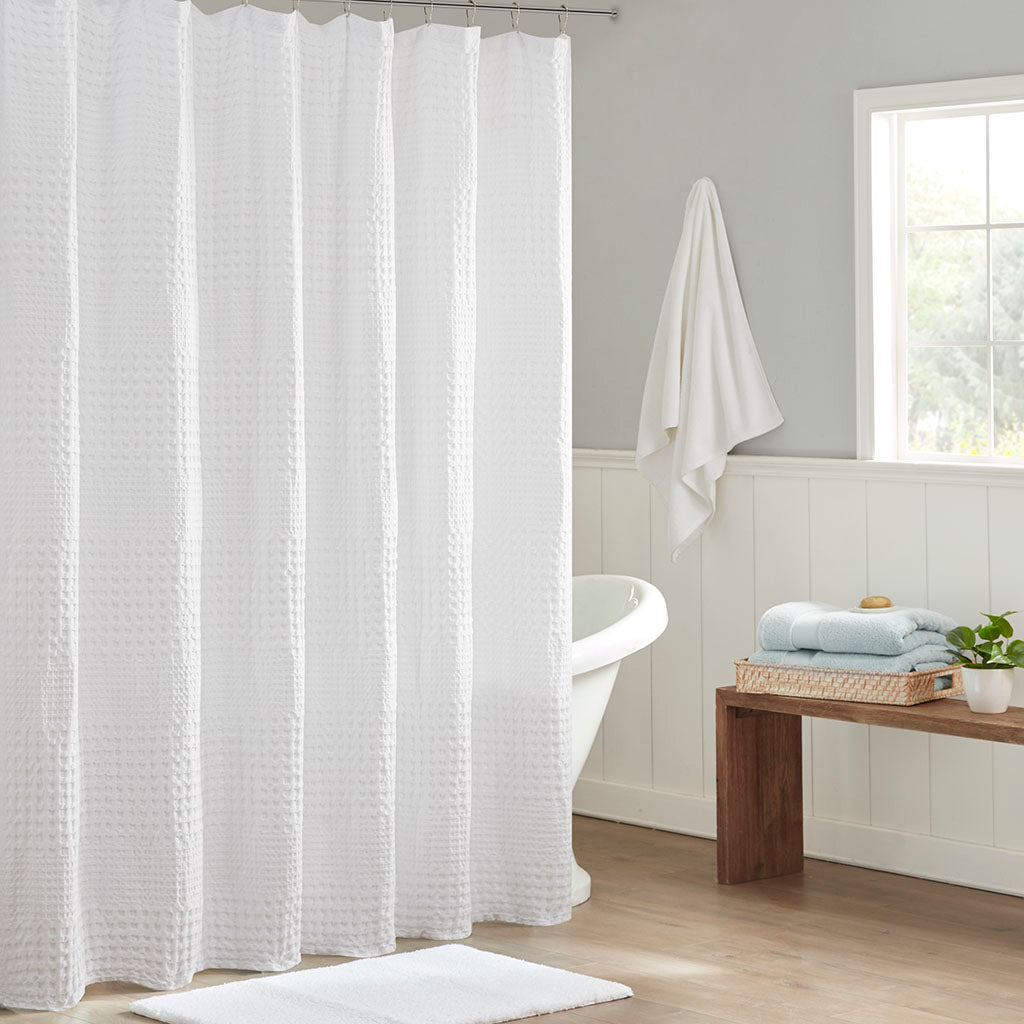 Arlo Super Waffle Textured Solid Shower Curtain - White