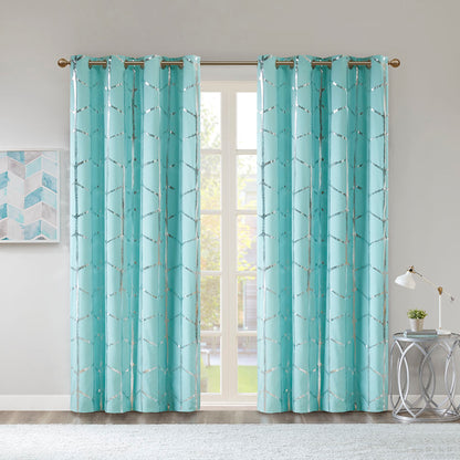 Raina Total Blackout Metallic Print Grommet Top Curtain Panel - Aqua/Silver