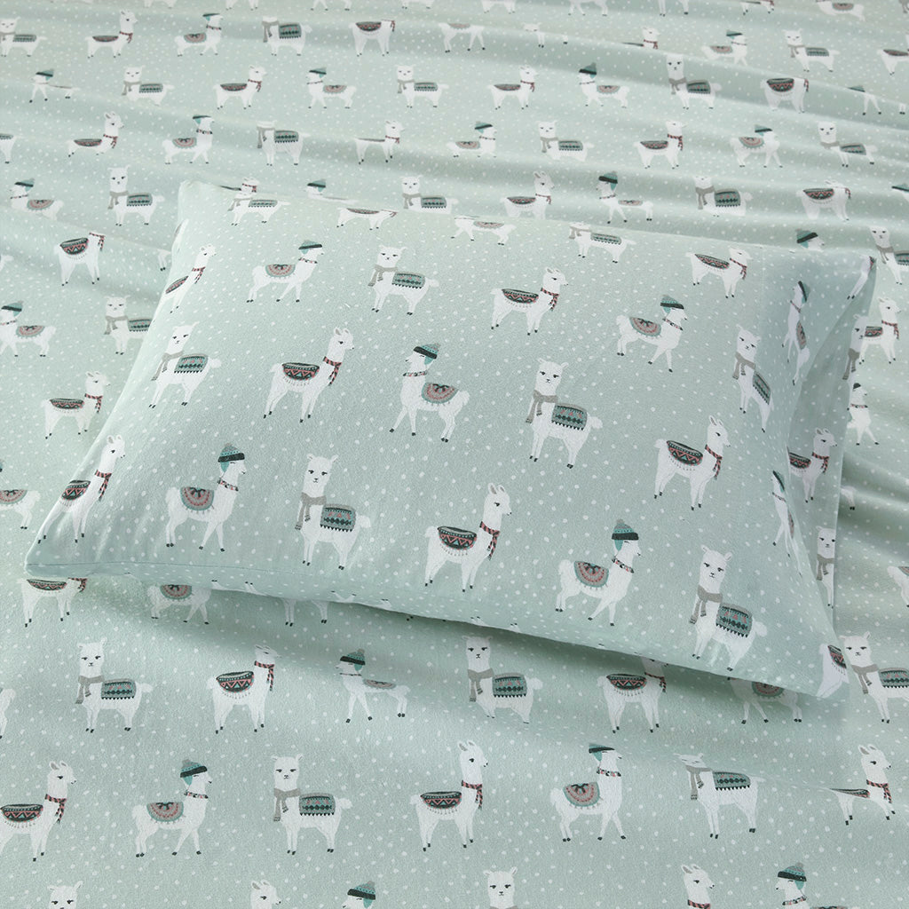 Cozy Cotton Flannel Printed Sheet Set - Seafoam Llama
