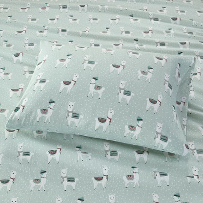 Cozy Cotton Flannel Printed Sheet Set - Seafoam Llama
