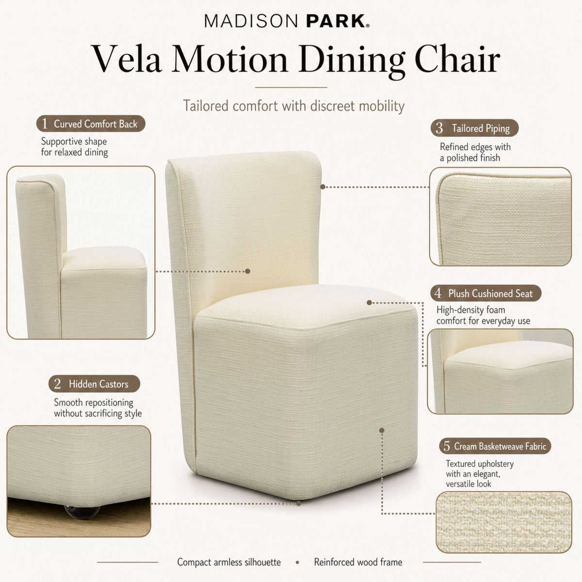 Vela Dining Chair with castors - Cream