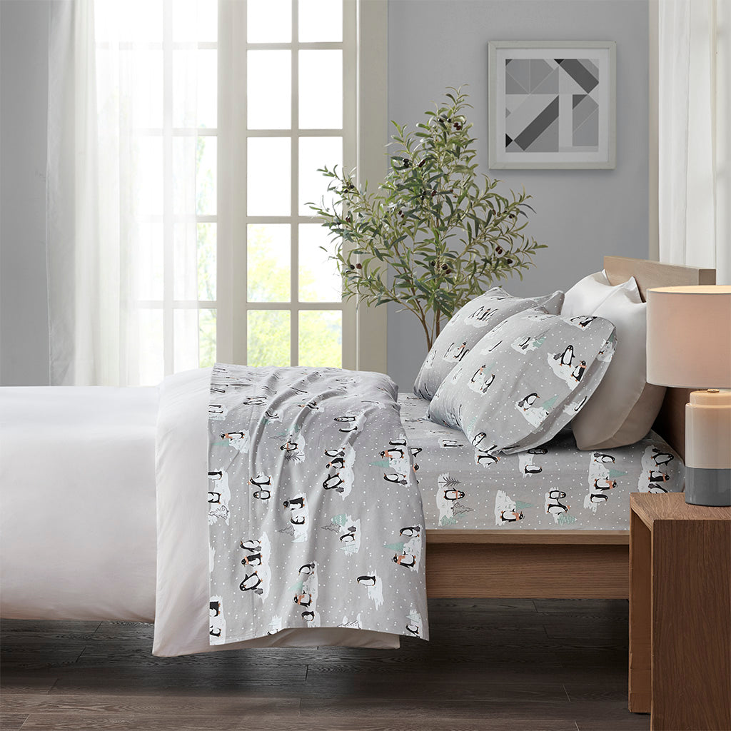 Cozy Cotton Flannel Printed Sheet Set - Grey Penguins
