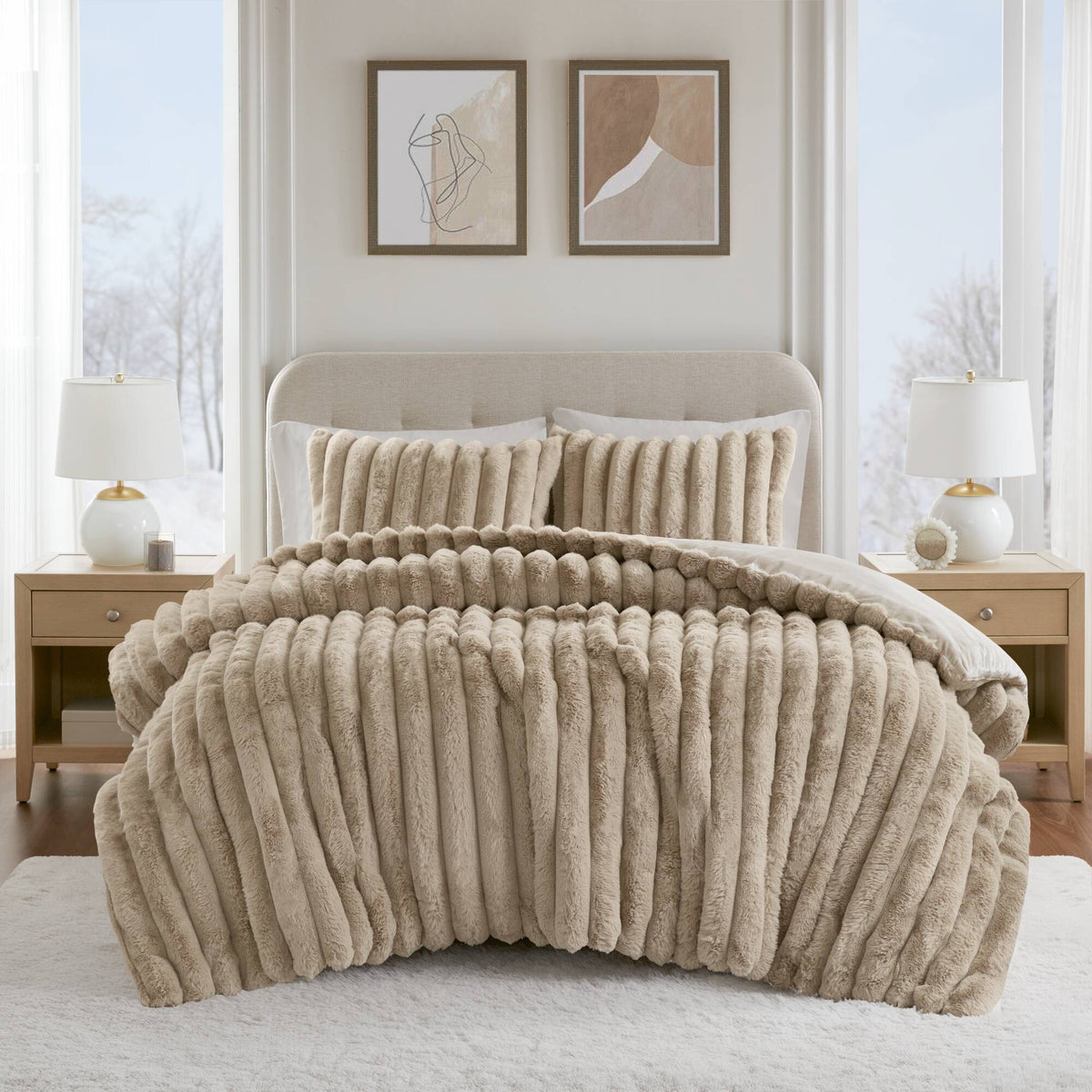 Jasmine 3 Piece Faux Fur Comforter Set - Taupe