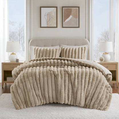 Jasmine 3 Piece Faux Fur Comforter Set - Taupe