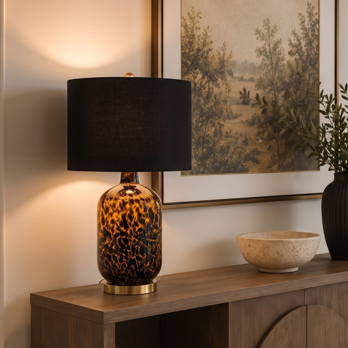 Roux Leopard Pattern Glass Table Lamp - Leopard Print/ Black
