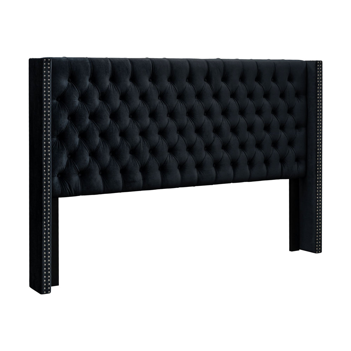 Amelia Upholstered Wingback Headboard with Button Tufting & Nailhead Trim - Black Velvet