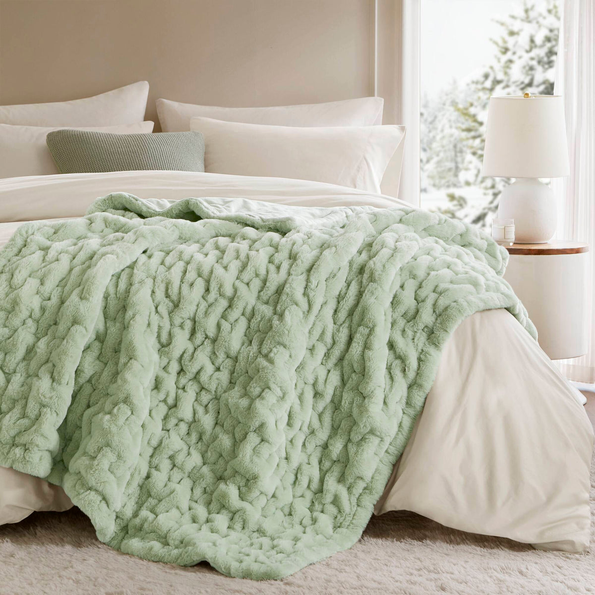 Ruched Fur Throw - Sage Green