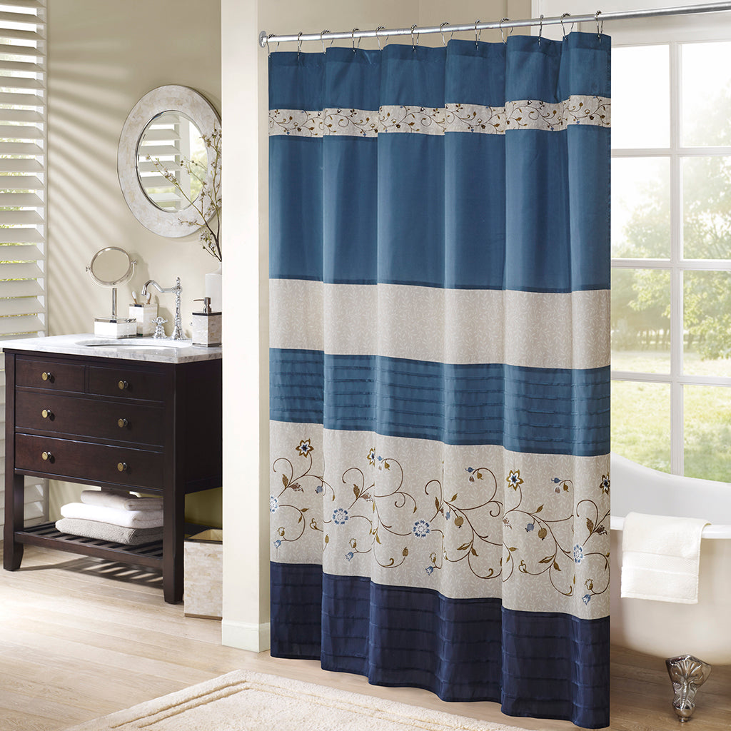 Serene Faux Silk Embroidered Floral Shower Curtain - Navy