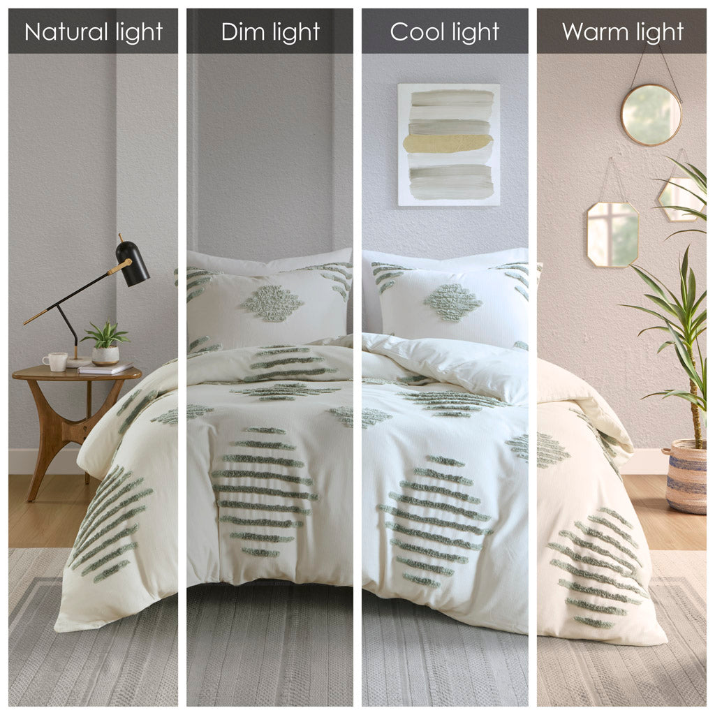 Tahli 3 Piece Cotton Blend Chenille Duvet Cover Set - Green/Ivory