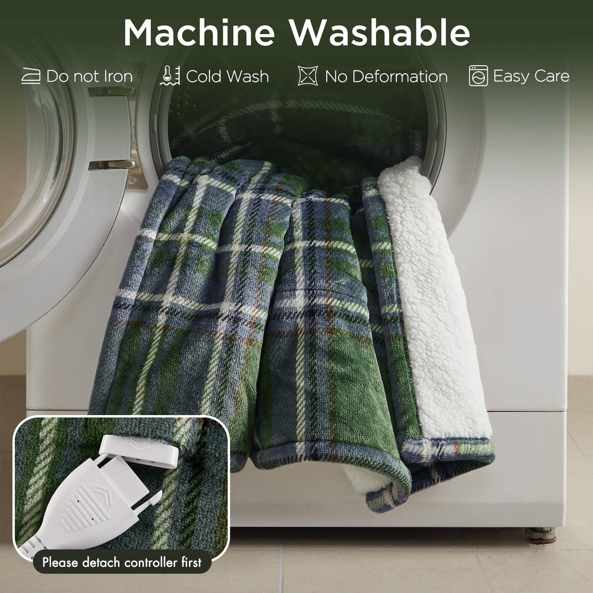 Print Plush to Sherpa Heated Throw - Green Plaid