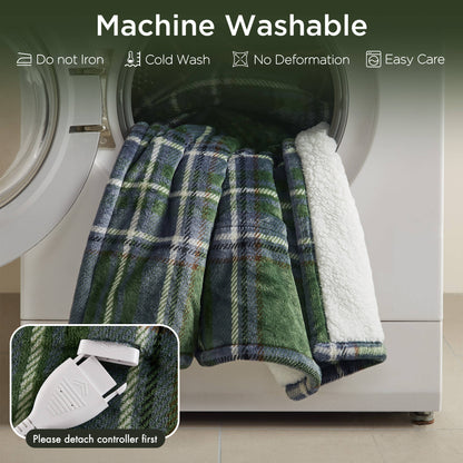 Print Plush to Sherpa Heated Throw - Green Plaid