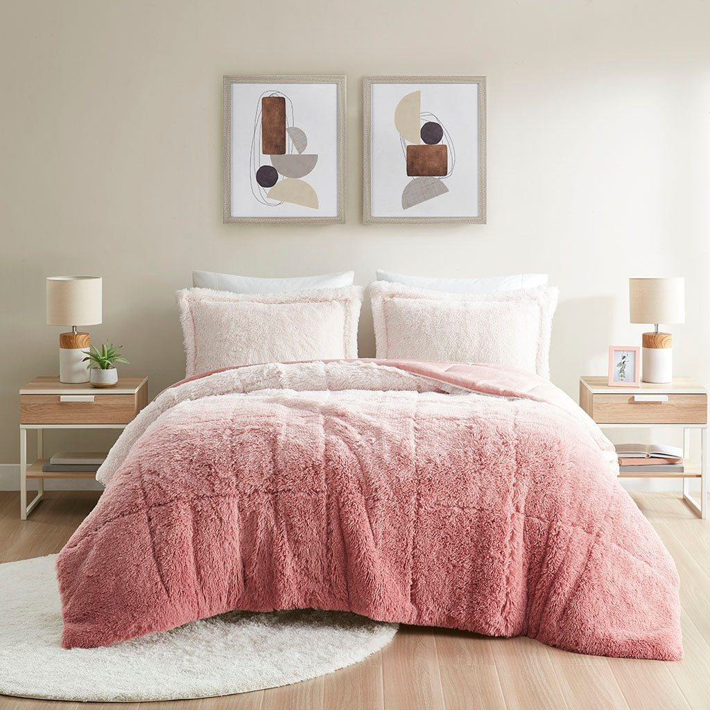 Brielle Ombre Shaggy Long Fur Comforter Mini Set - Blush