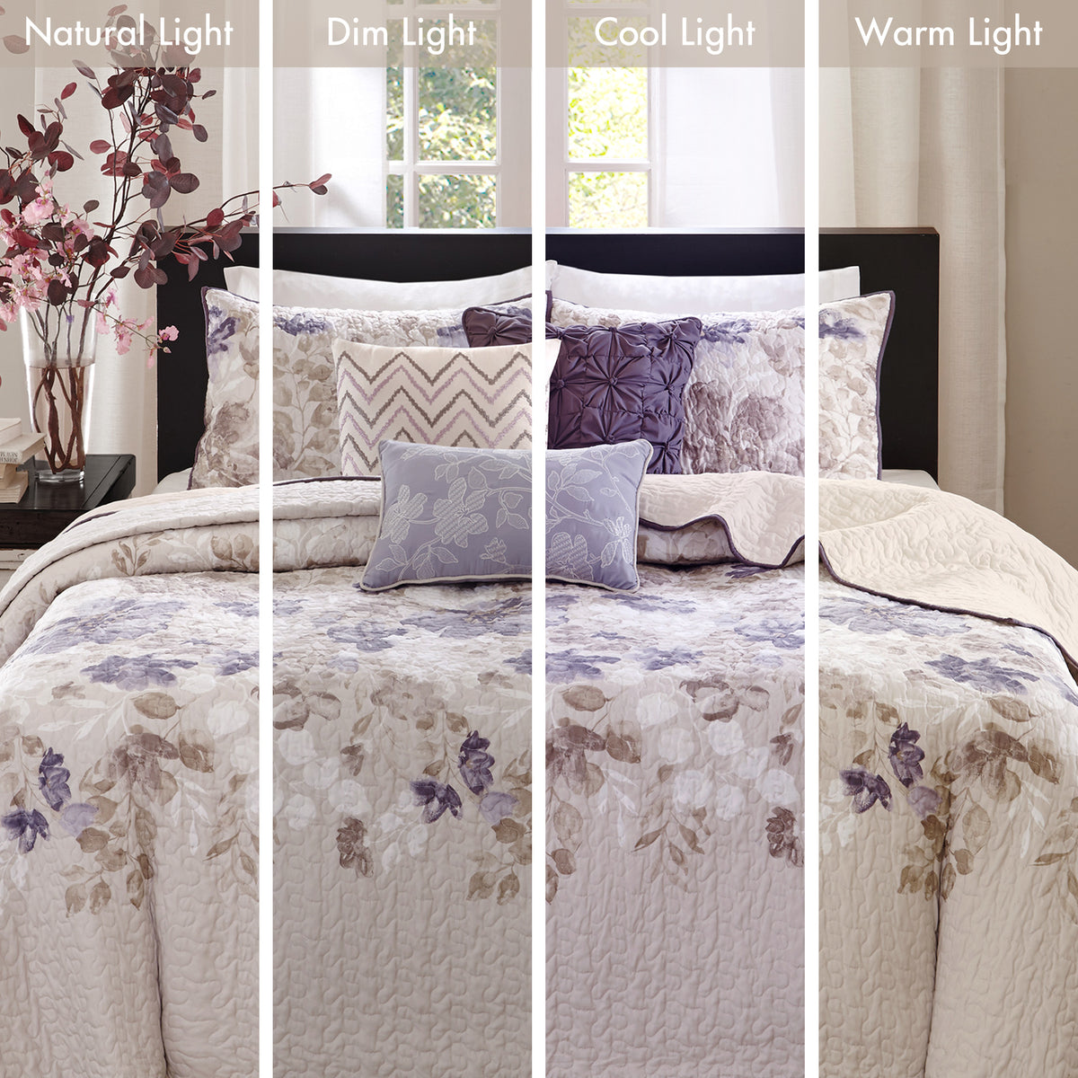 Luna 6 Piece Printed Quilt Set with Throw Pillows - Taupe