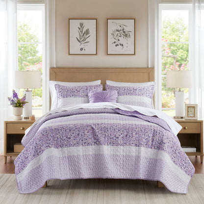 Caralie 4 Piece Seersucker Quilt Set with Throw Pillow - Purple