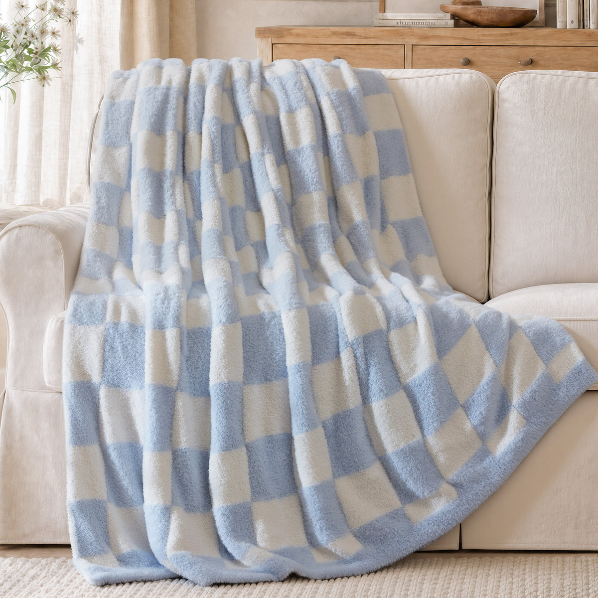 Checkerboard Feathersoft Fur Knit Throw - Blue