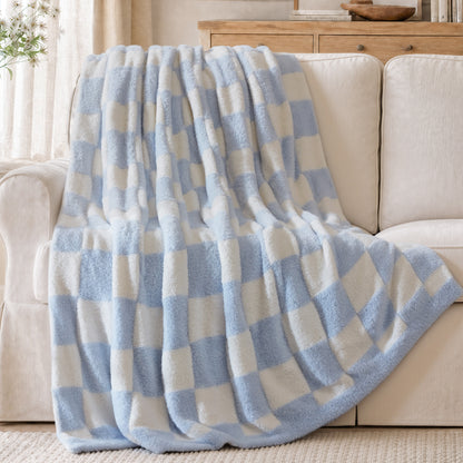 Checkerboard Feathersoft Fur Knit Throw - Blue