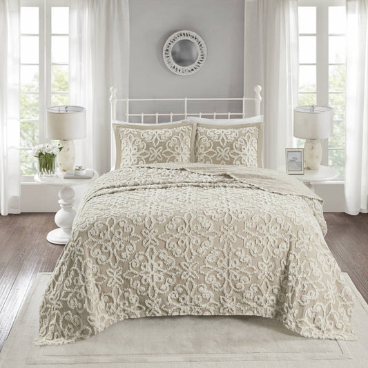 Sabrina 3 Piece Tufted Cotton Chenille Bedspread Set - Taupe